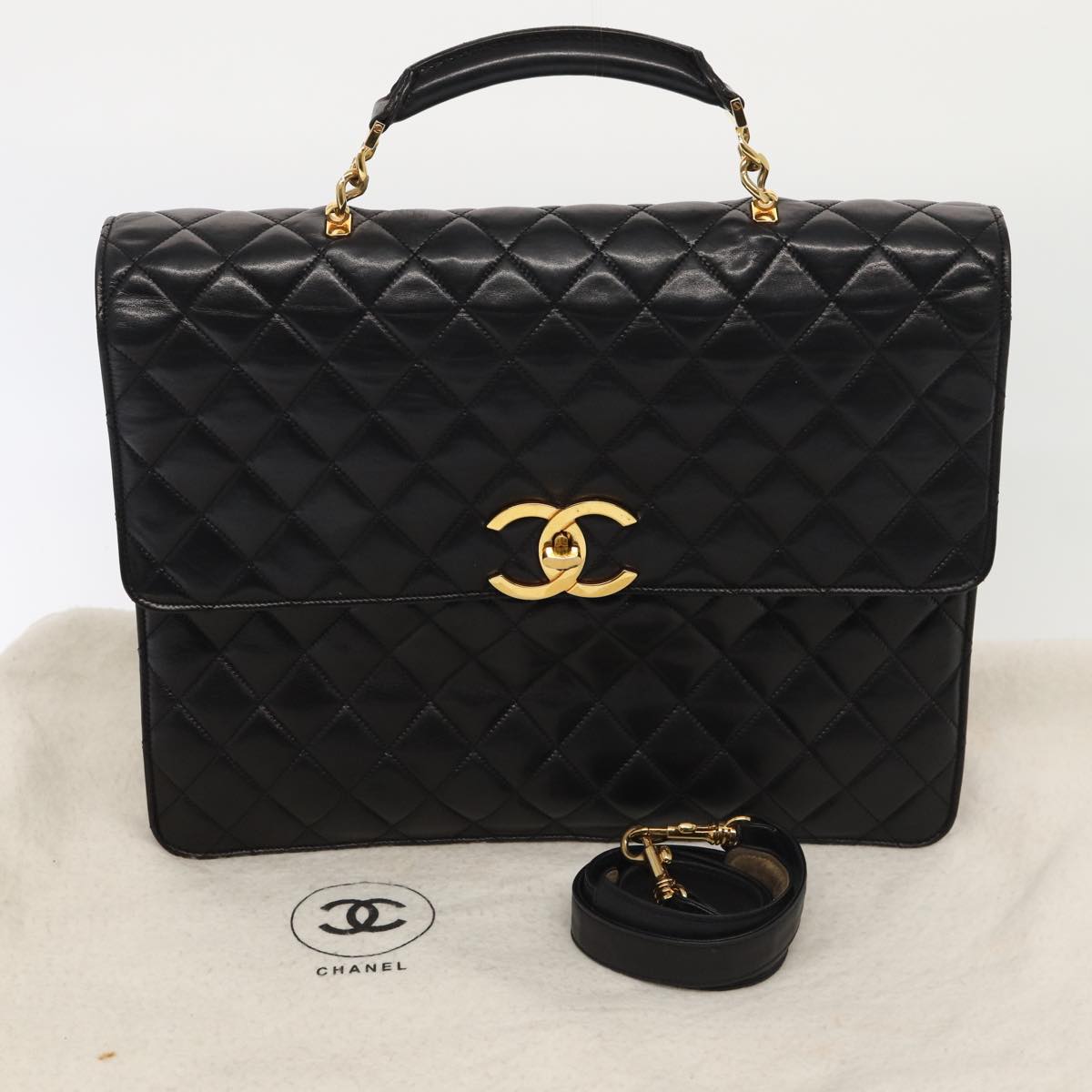 CHANEL Matelasse Business Bag Lamb Skin 2way Black Gold CC Auth ki4737