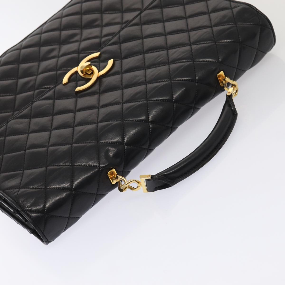 CHANEL Matelasse Business Bag Lamb Skin 2way Black Gold CC Auth ki4737