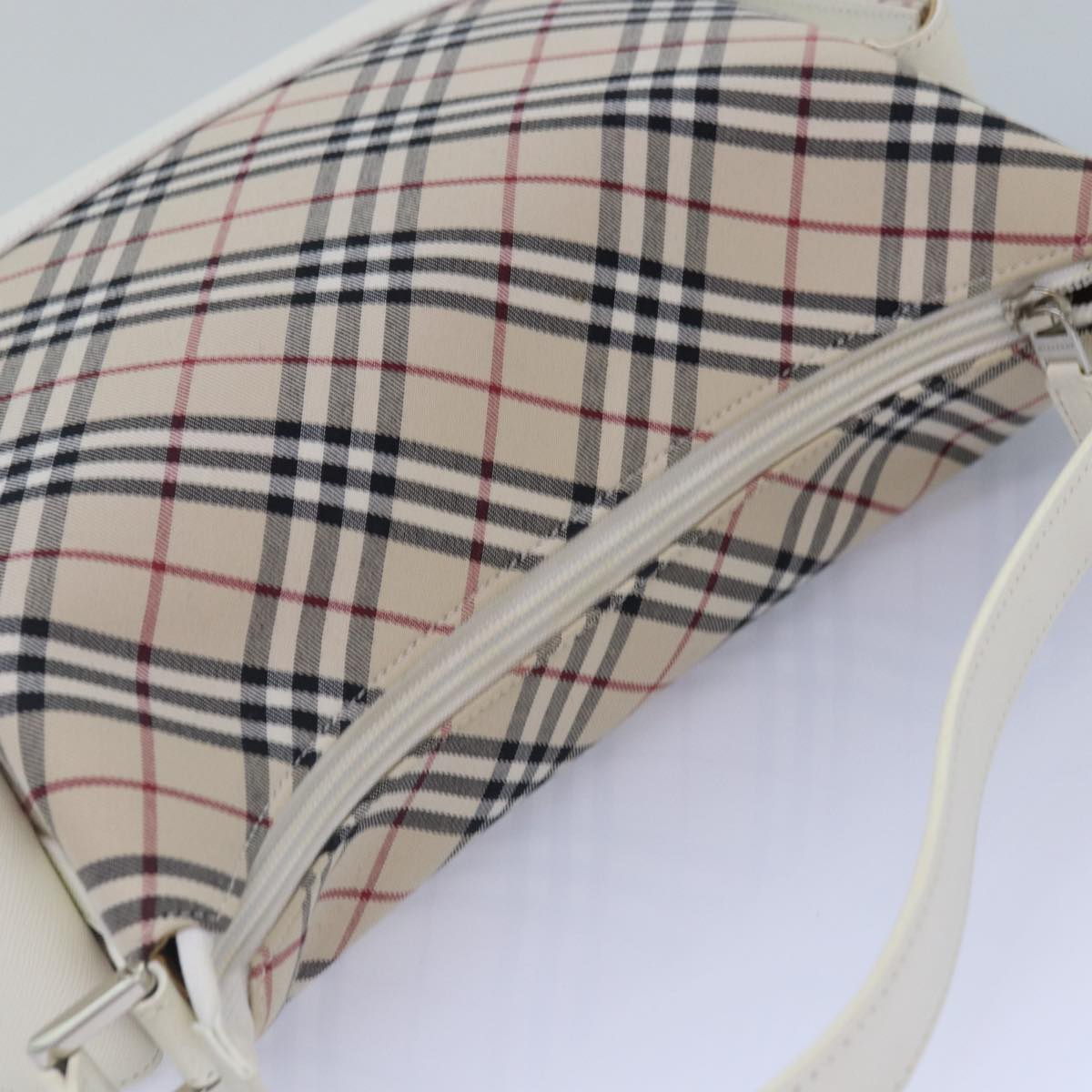 BURBERRY Nova Check Shoulder Bag Canvas Leather Beige White Silver Auth ki4741A