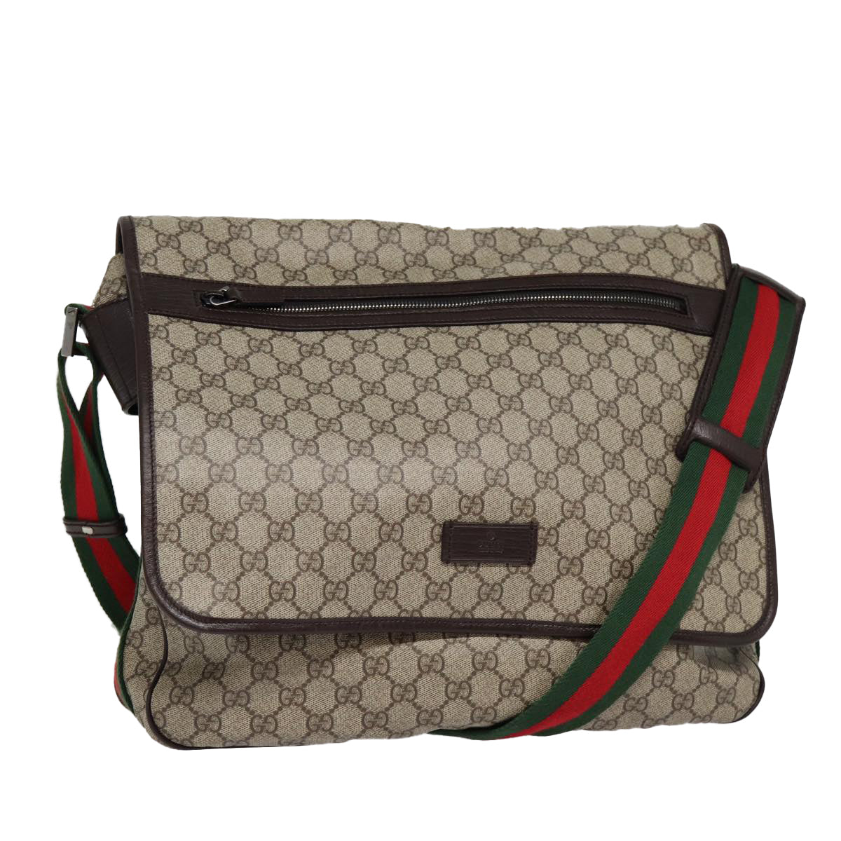 GUCCI GG Supreme Web Sherry Line Shoulder Bag PVC Beige Silver Auth ki4747