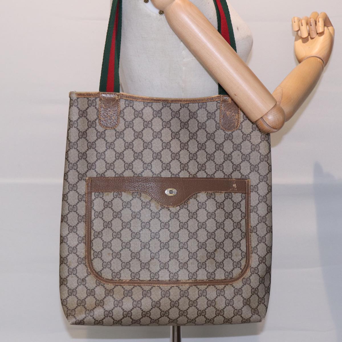 GUCCI GG Supreme Web Sherry Line Tote Bag PVC Beige Red 40 02 003 Auth ki4755