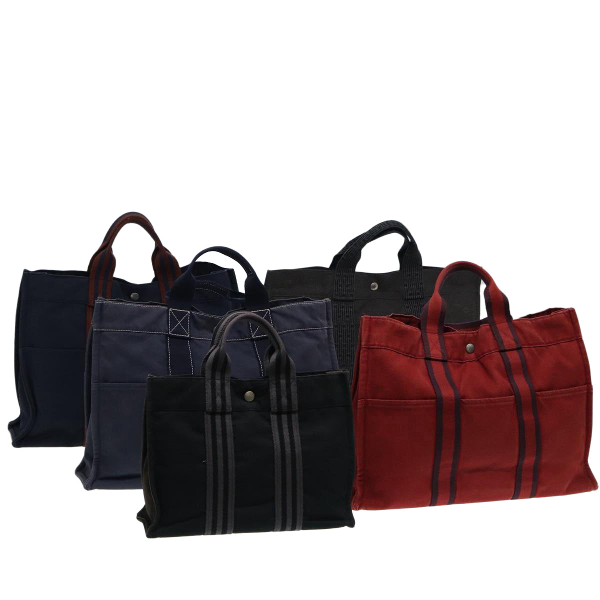 HERMES Fourre Tout Hand Bag Canvas 5Set Gray Red Navy Auth ki4768