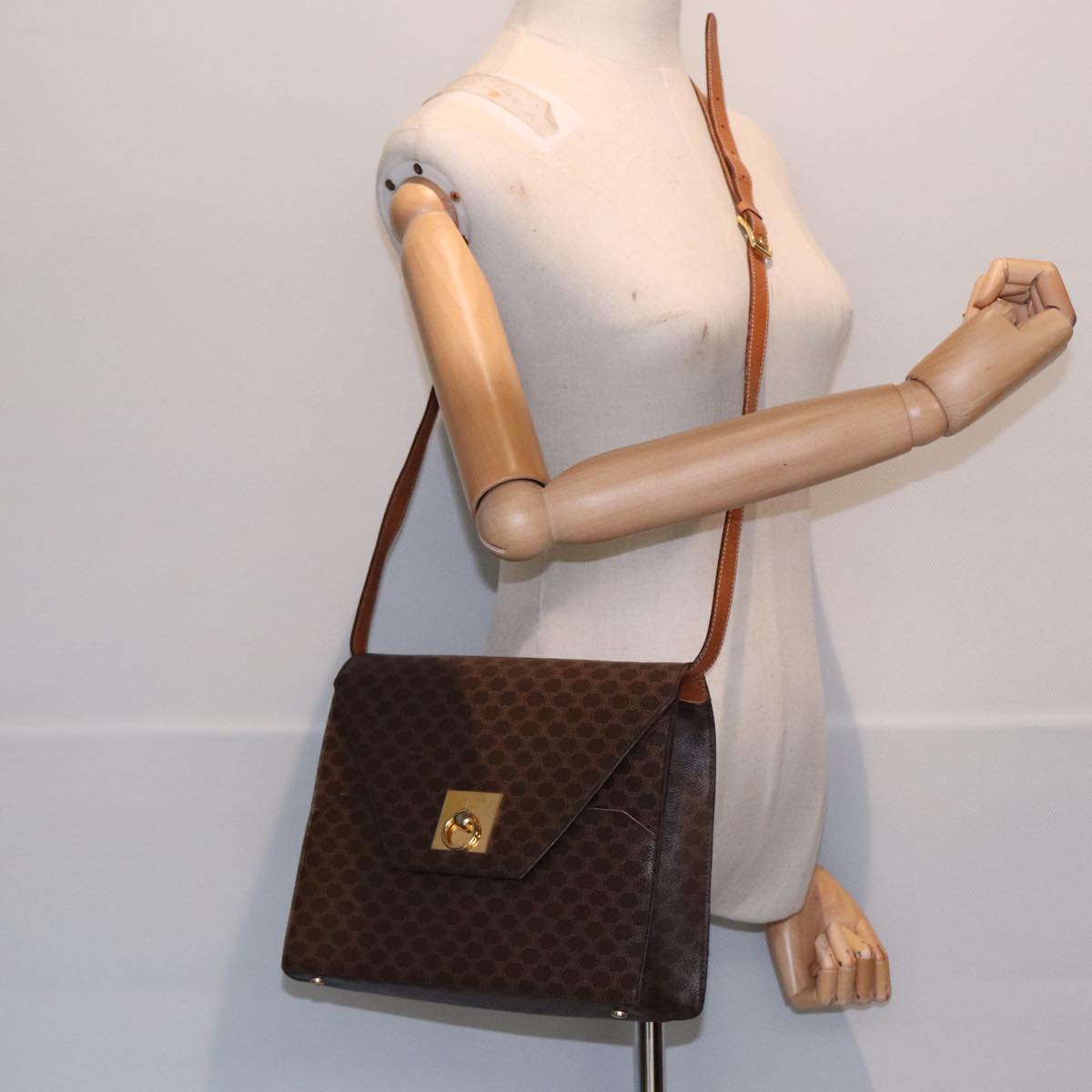 CELINE Macadam Canvas Shoulder Bag PVC Leather Brown Gold Auth ki4788