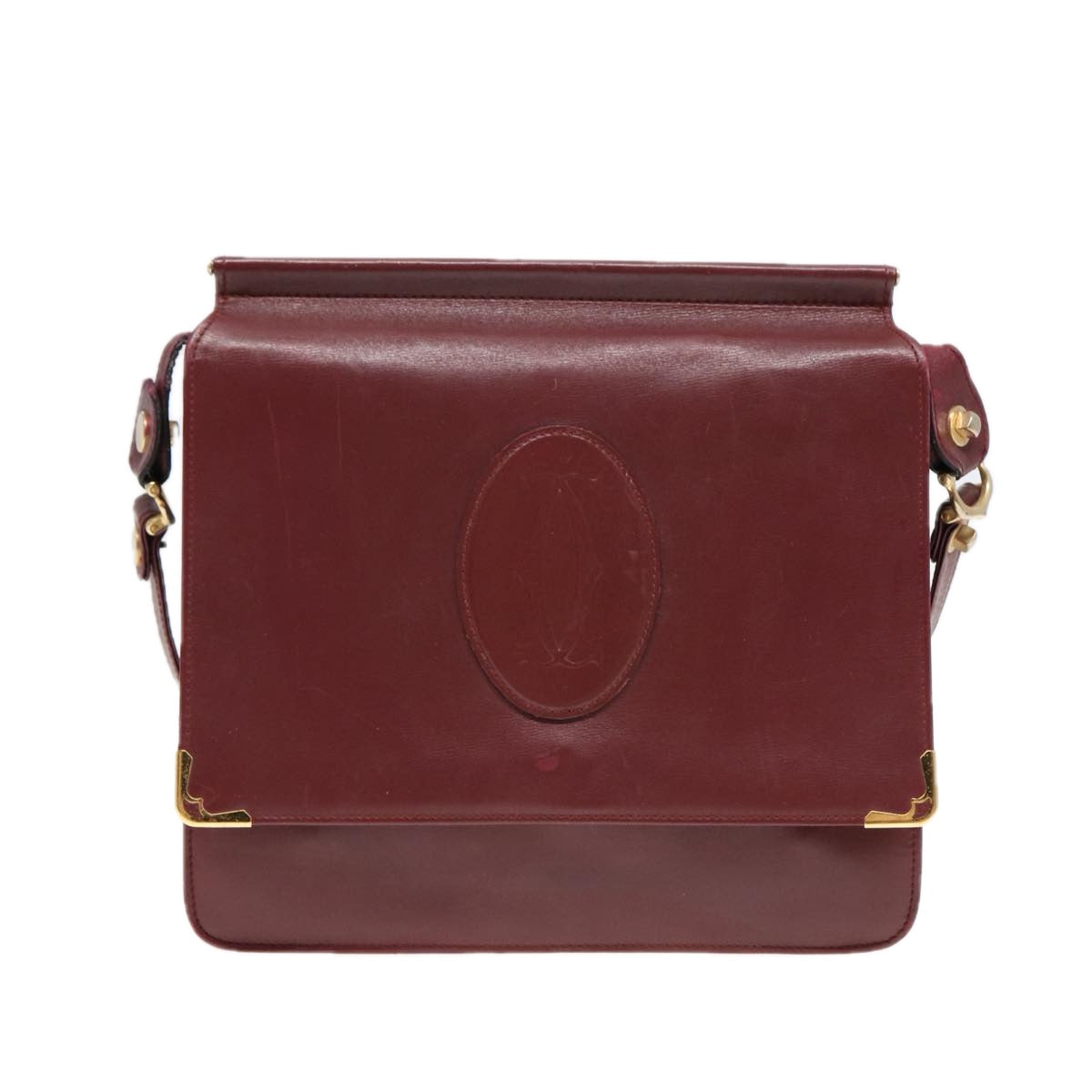 CARTIER Shoulder Bag Leather Bordeaux Gold Auth ki4792 - 0