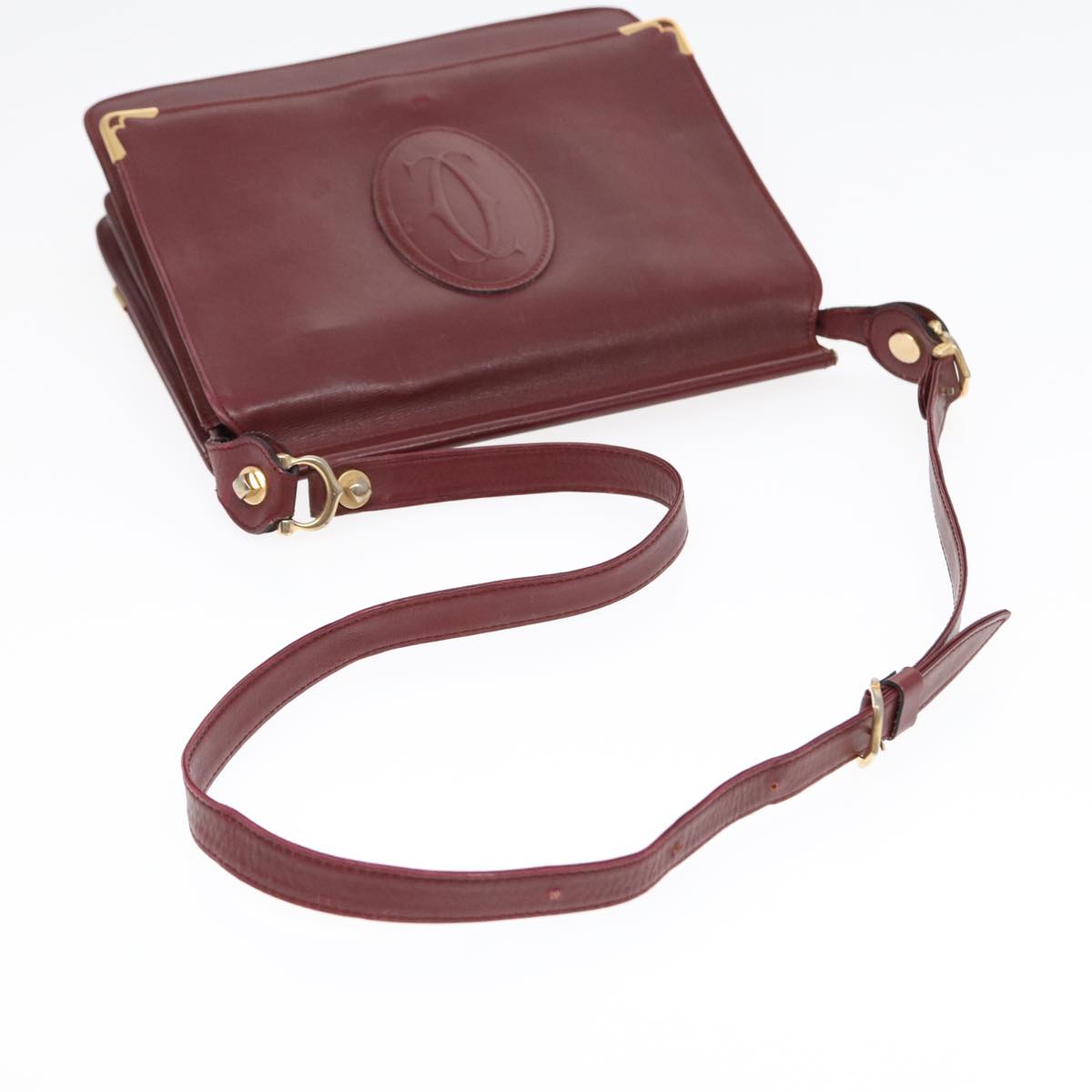 CARTIER Shoulder Bag Leather Bordeaux Gold Auth ki4792