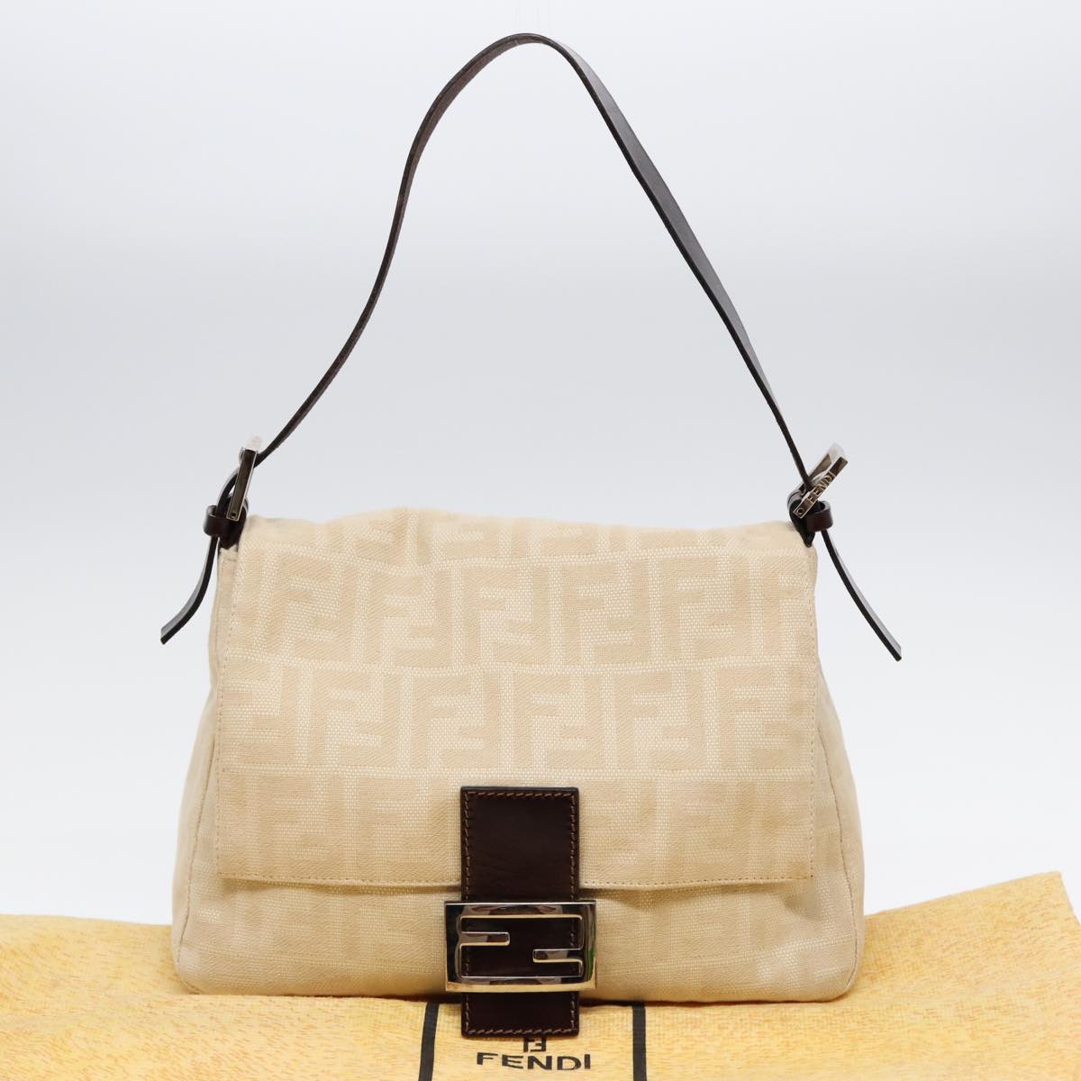 FENDI Mamma Baguette Shoulder Bag Canvas Leather White Brown Silver Auth ki4797 - 0