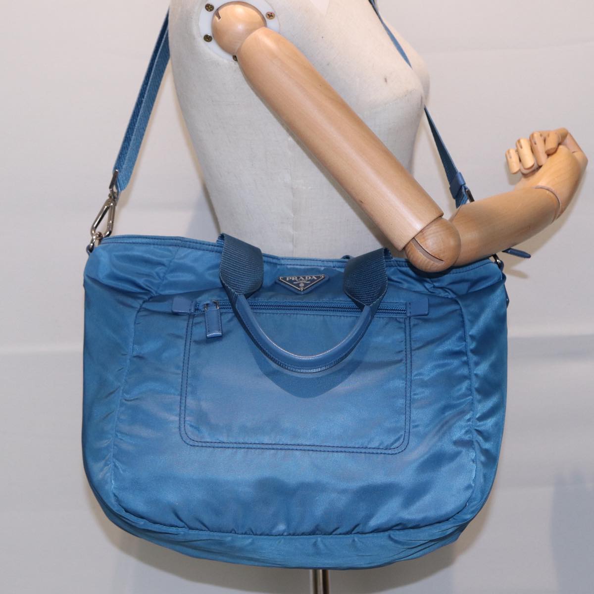 PRADA Shoulder Bag Nylon 2way Blue Silver Auth ki4799