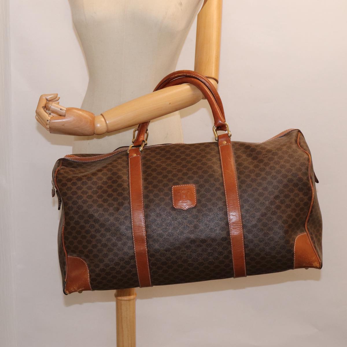 CELINE Macadam Canvas Boston Bag PVC Leather Brown Gold Auth ki4820