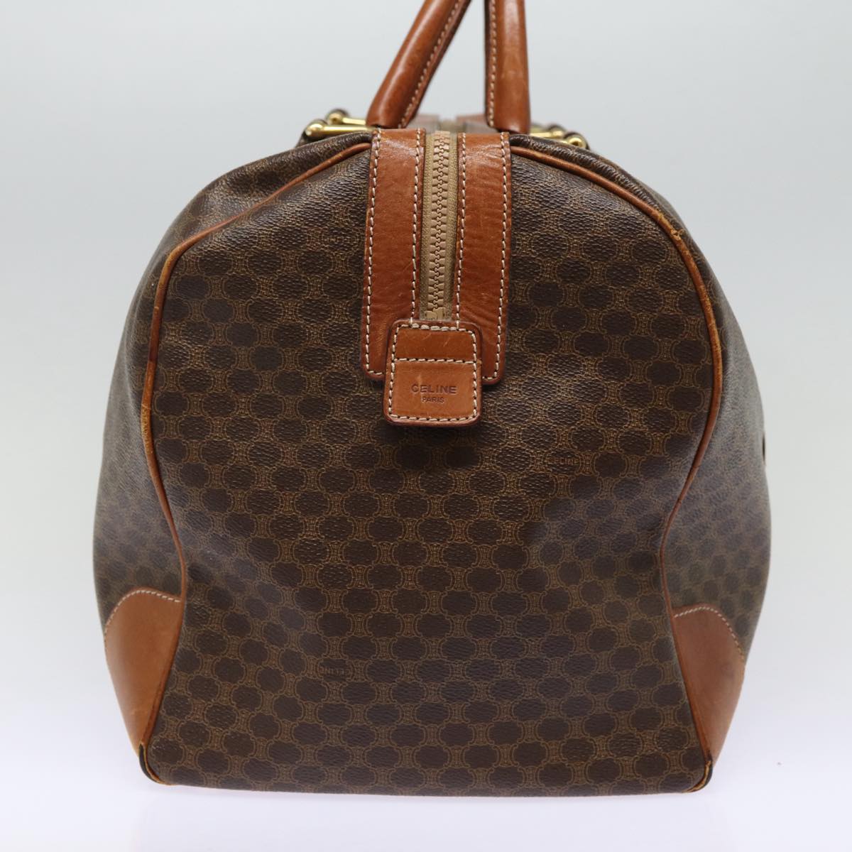 CELINE Macadam Canvas Boston Bag PVC Leather Brown Gold Auth ki4820