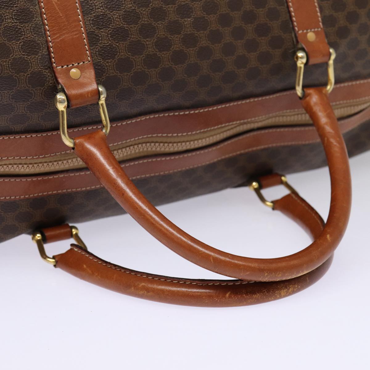 CELINE Macadam Canvas Boston Bag PVC Leather Brown Gold Auth ki4820