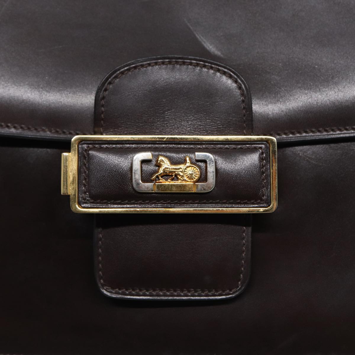 CELINE Horse Carriage Shoulder Bag Leather Black Gold Auth ki4823