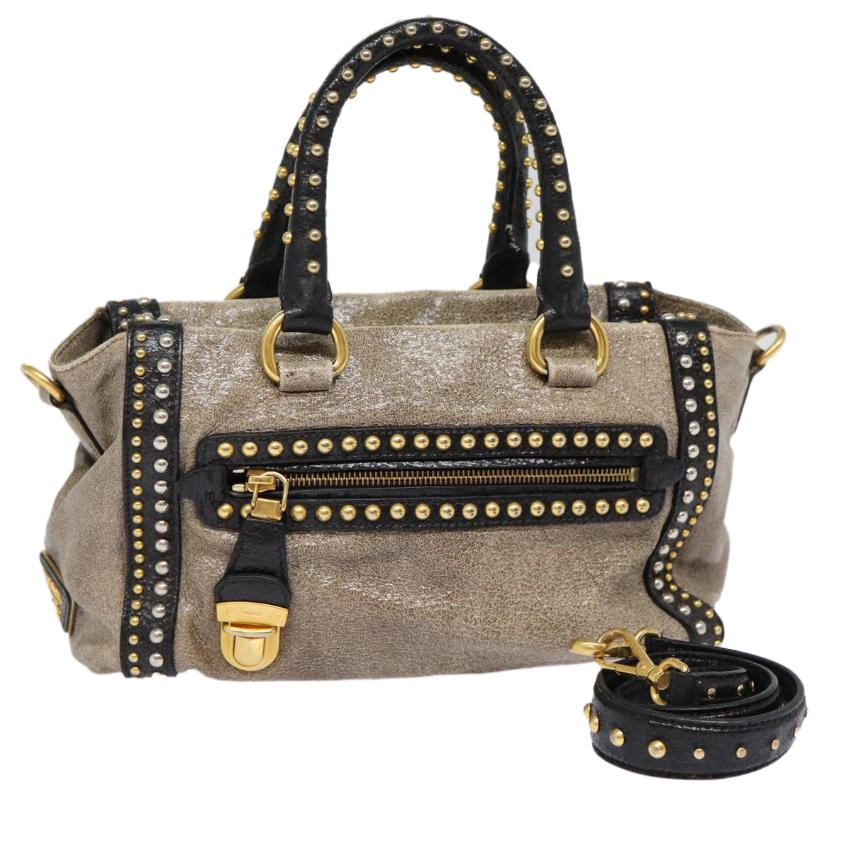 PRADA Studs Hand Bag Leather 2way Gray Gold Auth ki4827