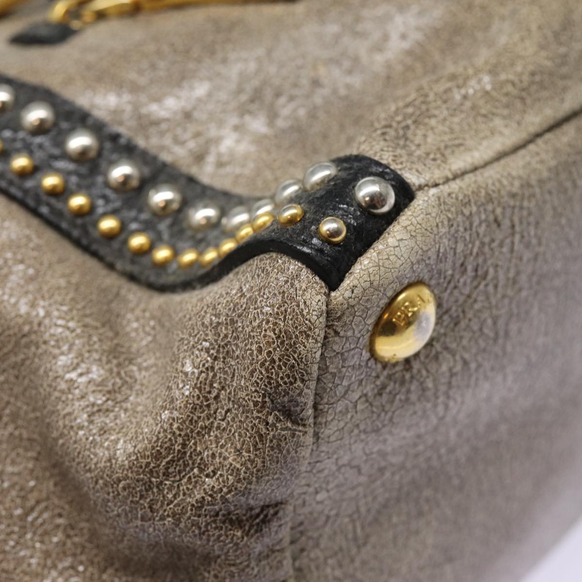 PRADA Studs Hand Bag Leather 2way Gray Gold Auth ki4827