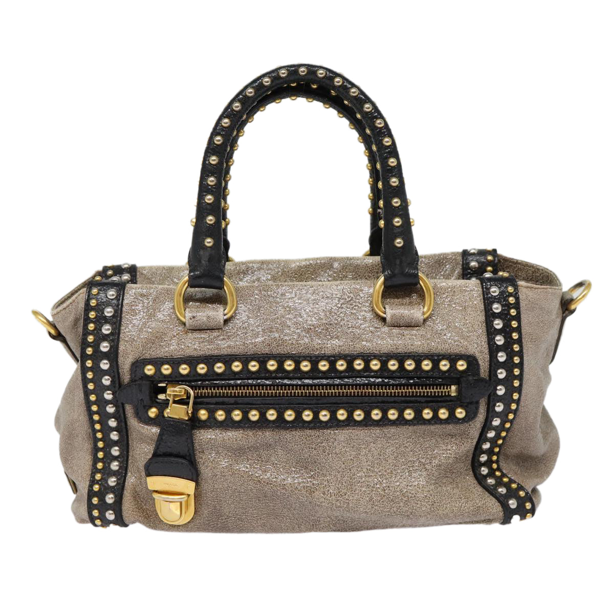 PRADA Studs Hand Bag Leather 2way Gray Gold Auth ki4827