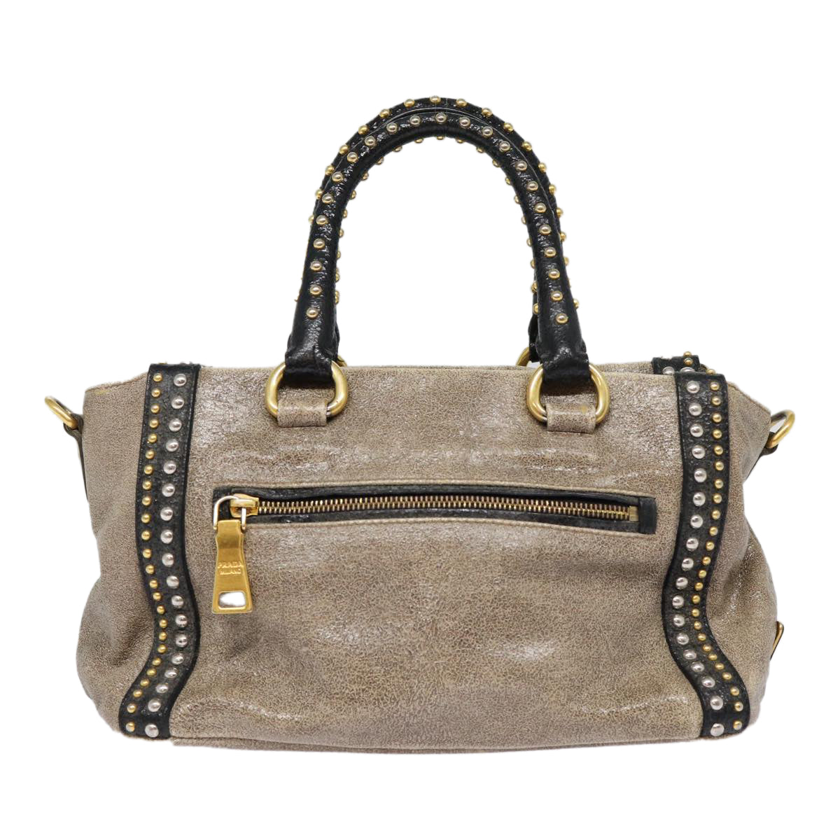 PRADA Studs Hand Bag Leather 2way Gray Gold Auth ki4827 - 0