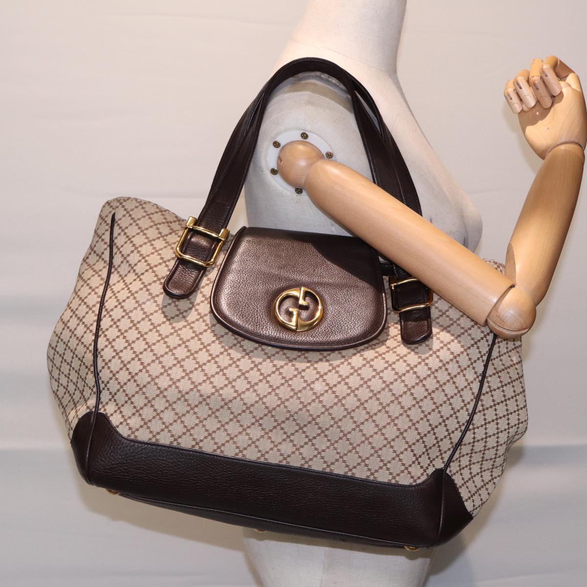 GUCCI Diamante Hand Bag Canvas Beige Gold 251826 Auth ki4830