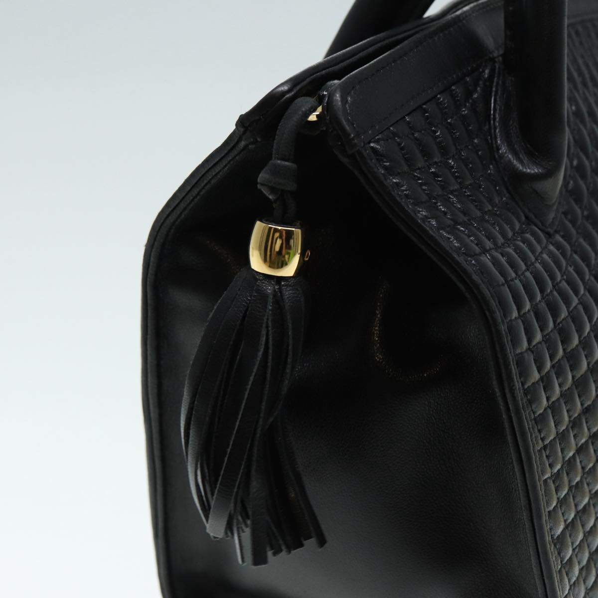 BALLY Matelasse Fringe Hand Bag Leather Black Gold Auth ki4834