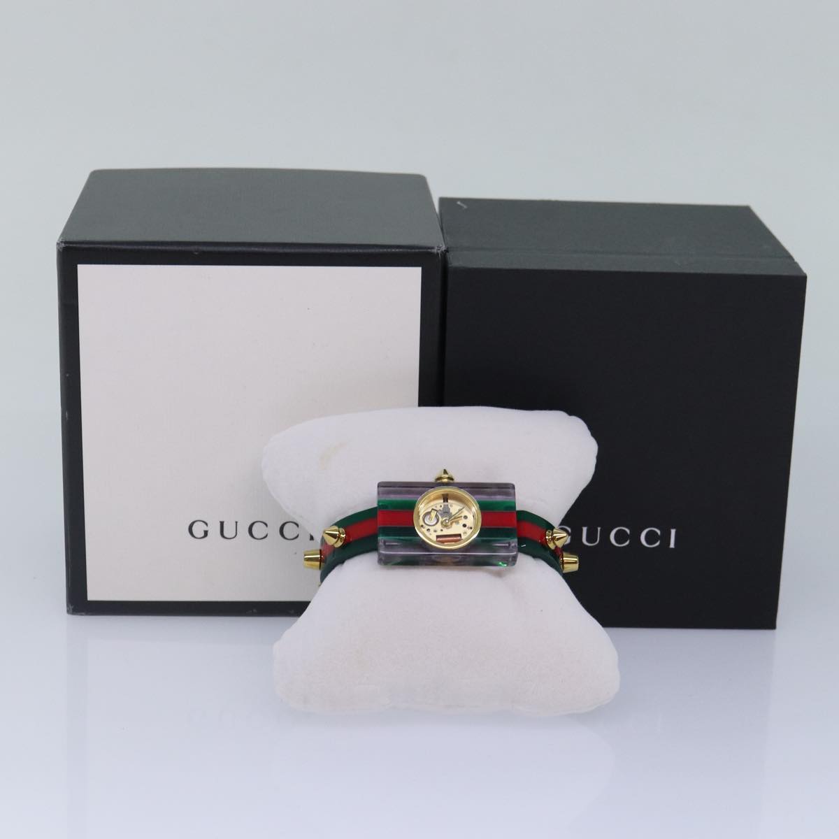 GUCCI Skeleton Web Sherry Line Watches plastic Red Green Auth ki4839