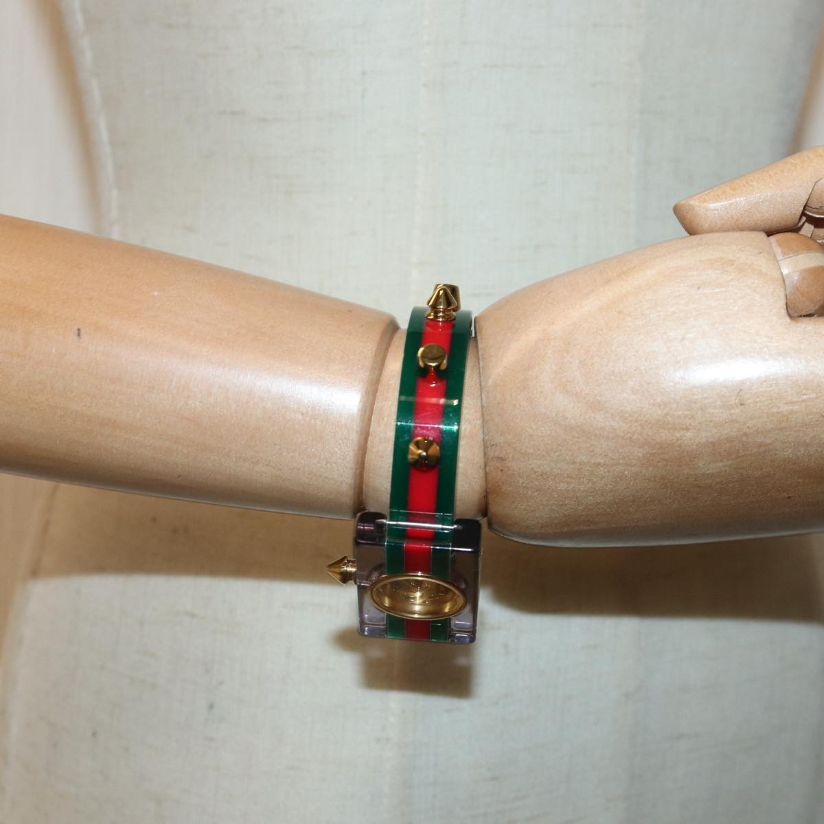 GUCCI Skeleton Web Sherry Line Watches plastic Red Green Auth ki4839