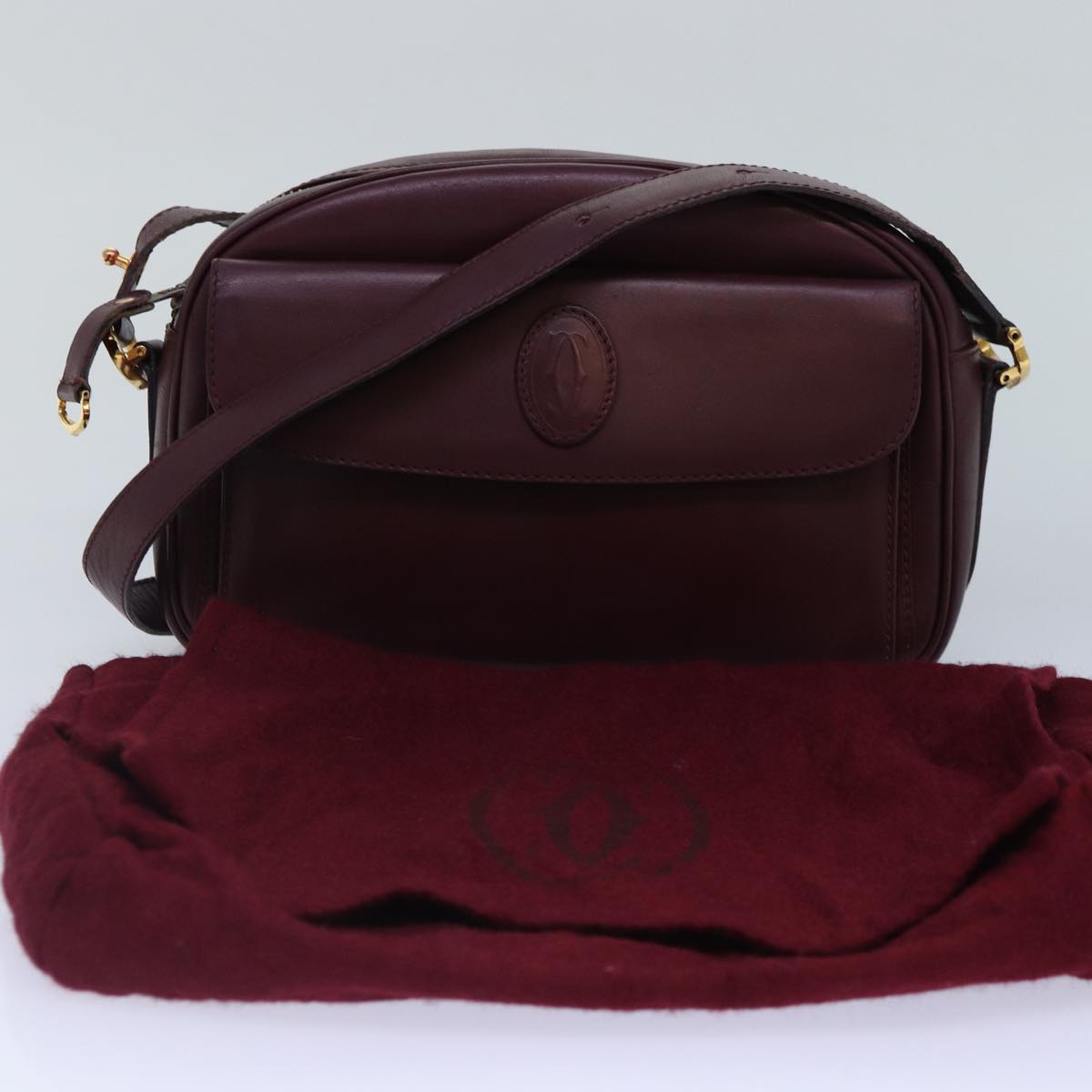 CARTIER Must Line Shoulder Bag Leather Bordeaux Gold Auth ki4849