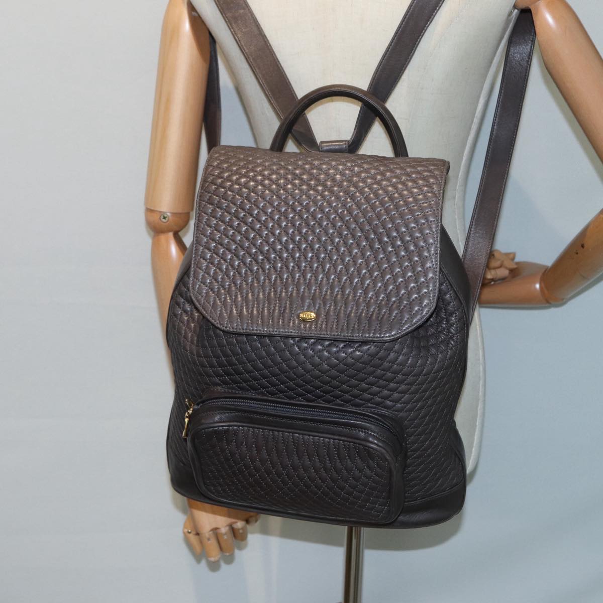 BALLY Matelasse Backpack Leather Gray Gold Auth ki4875