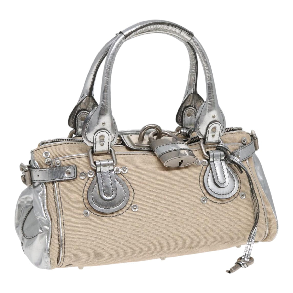 Chloe Paddington Hand Bag Canvas Leather Beige Silver Auth ki4883