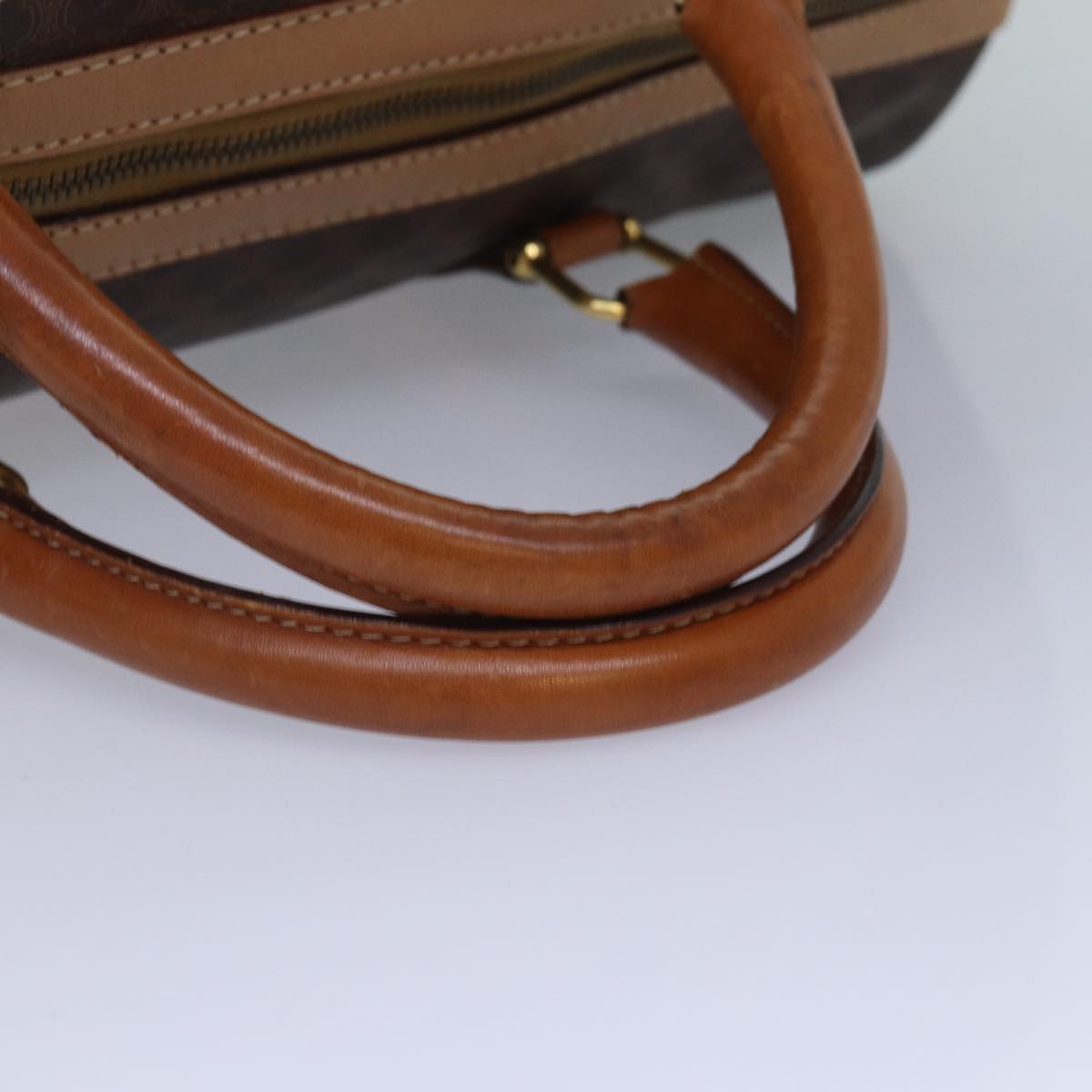 CELINE Macadam Canvas Boston Bag PVC Leather Brown Gold Auth ki4891