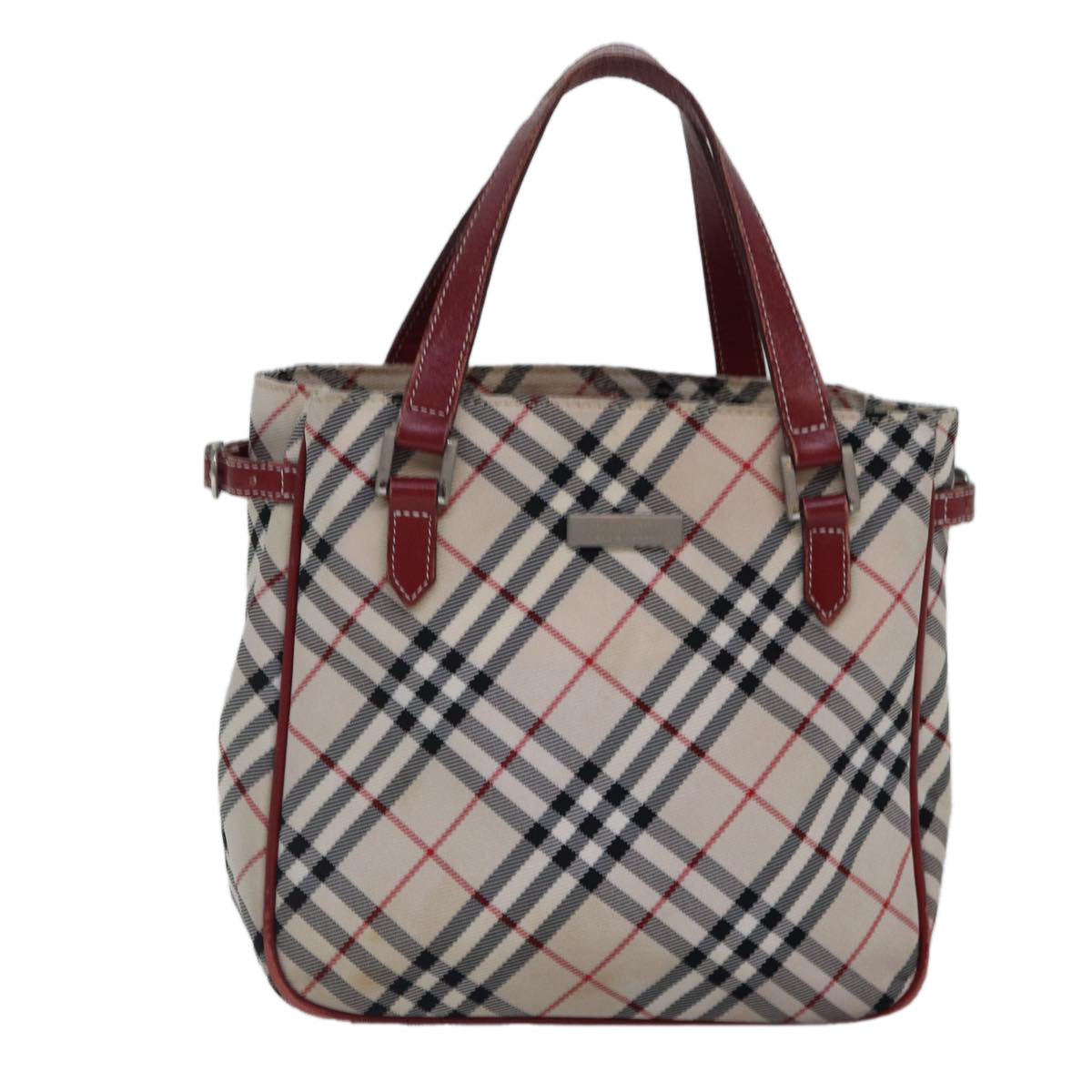 BURBERRY Nova Check Blue Label Hand Bag Nylon Red Beige Silver Auth ki4893