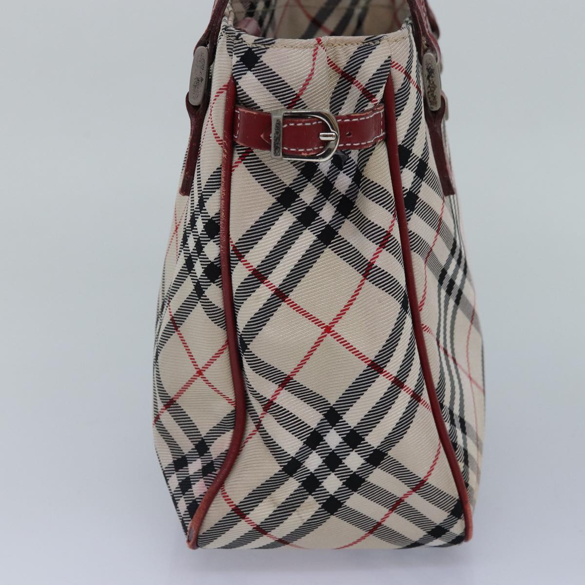 BURBERRY Nova Check Blue Label Hand Bag Nylon Red Beige Silver Auth ki4893