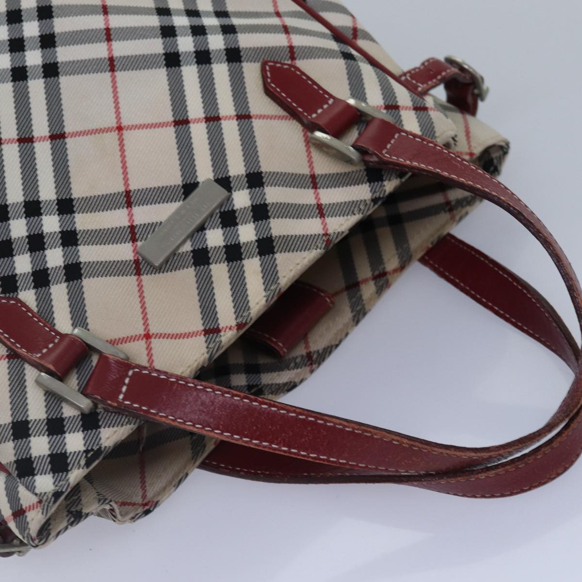 BURBERRY Nova Check Blue Label Hand Bag Nylon Red Beige Silver Auth ki4893