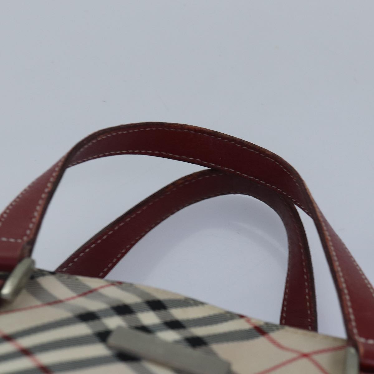 BURBERRY Nova Check Blue Label Hand Bag Nylon Red Beige Silver Auth ki4893