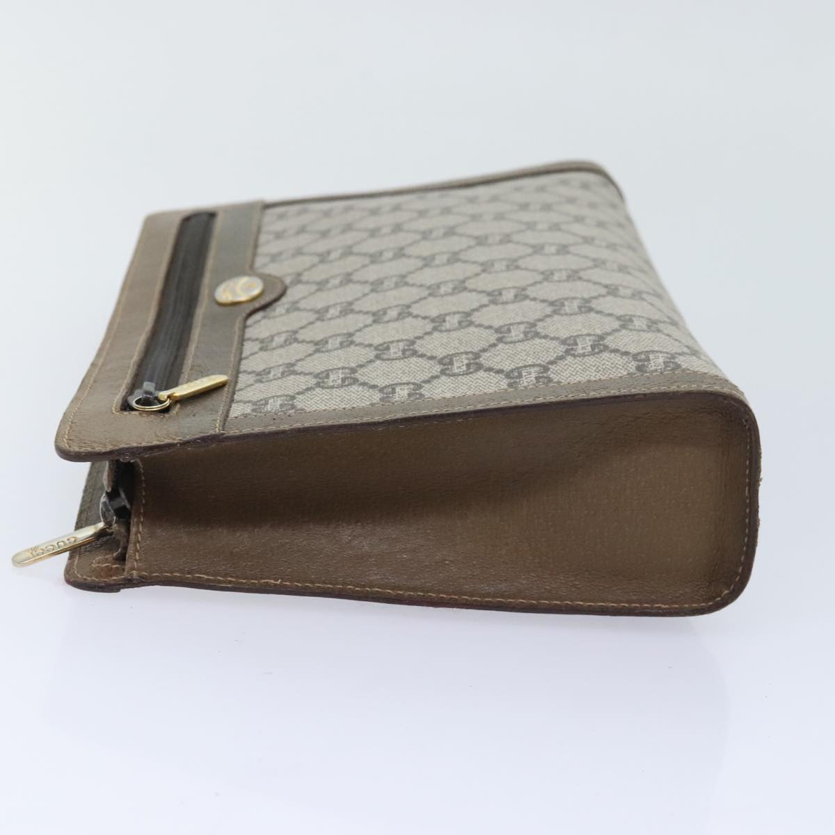 GUCCI GG Plus Supreme Clutch Bag PVC Leather Beige Gold Auth ki4937