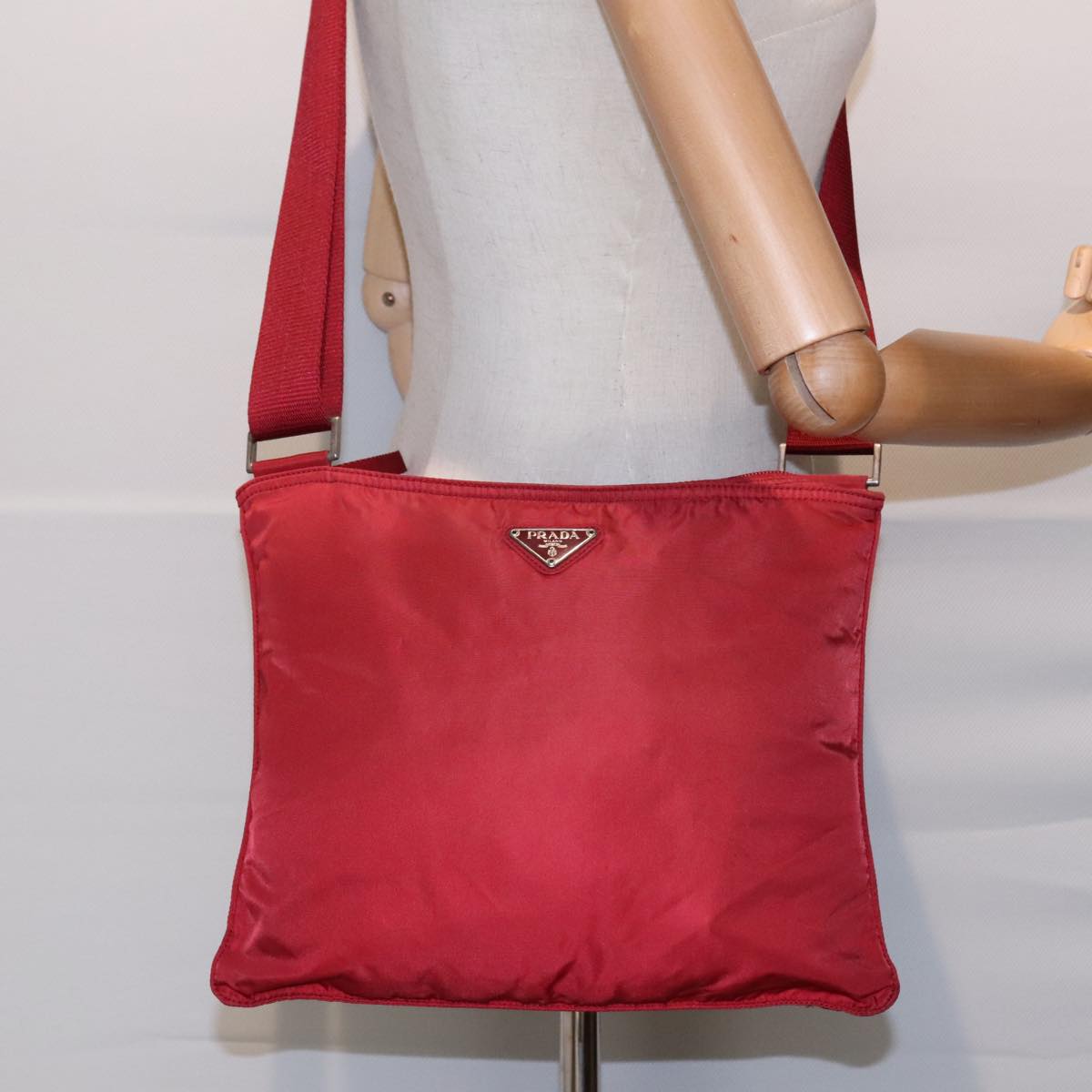 PRADA Shoulder Bag Nylon Red Silver Auth ki4938