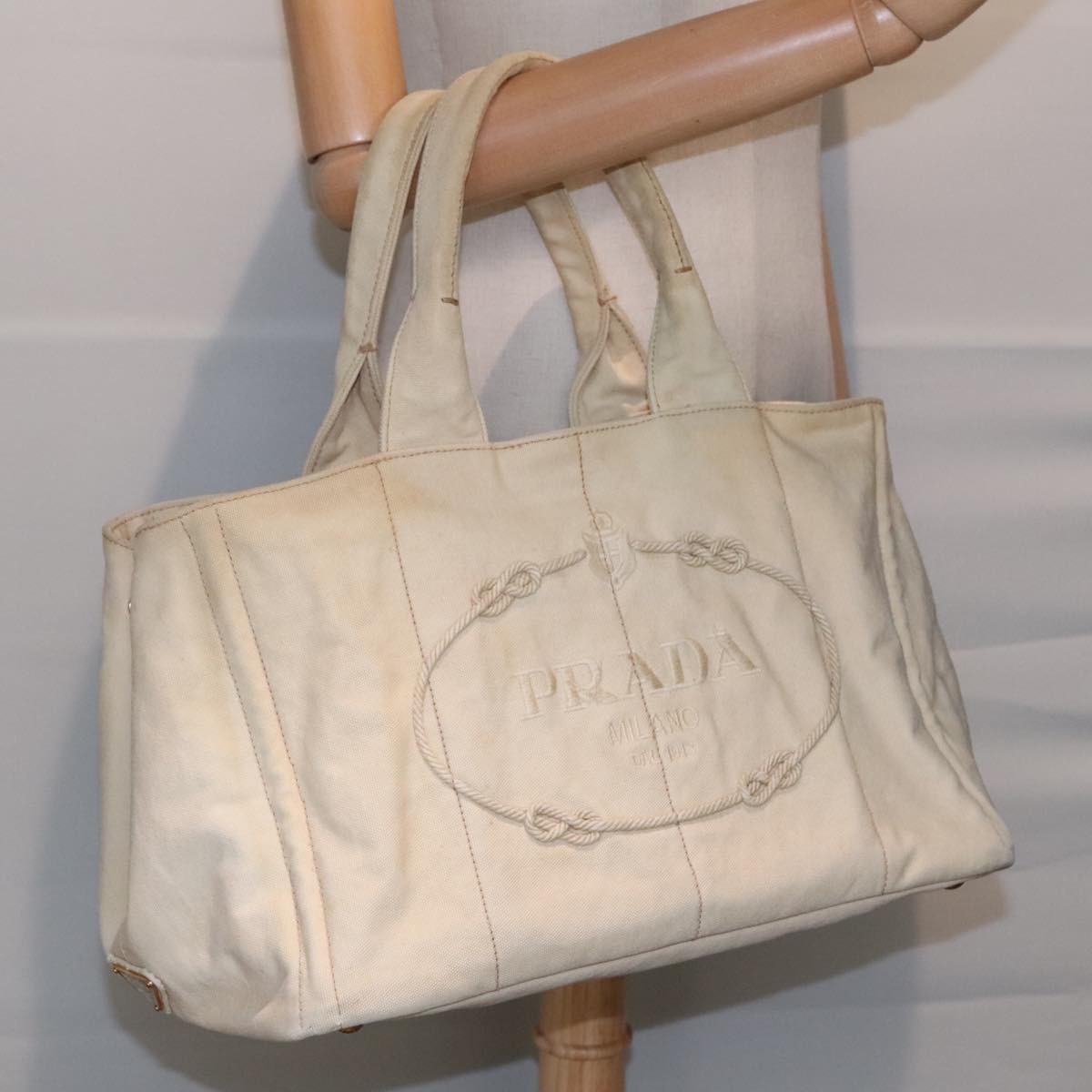 PRADA Canapa MM Hand Bag Canvas Beige Gold Auth ki4944