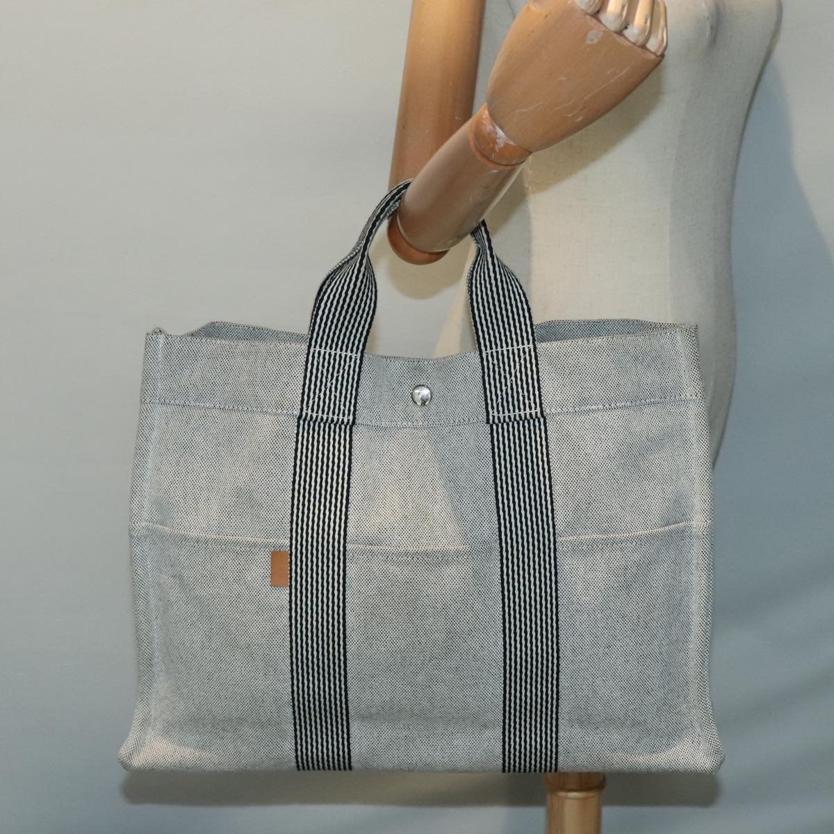 HERMES Fourre Tout MM Hand Bag Canvas Gray Silver Auth ki4945