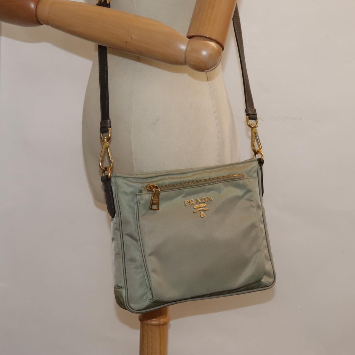 PRADA Shoulder Bag Nylon Khaki Gold Auth ki4948