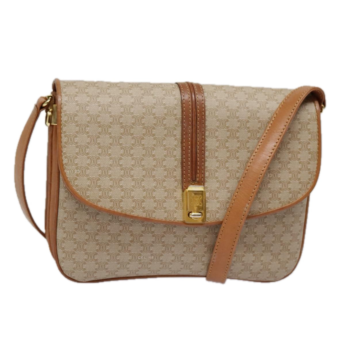 CELINE Macadam Canvas Shoulder Bag Beige Gold Auth ki4949