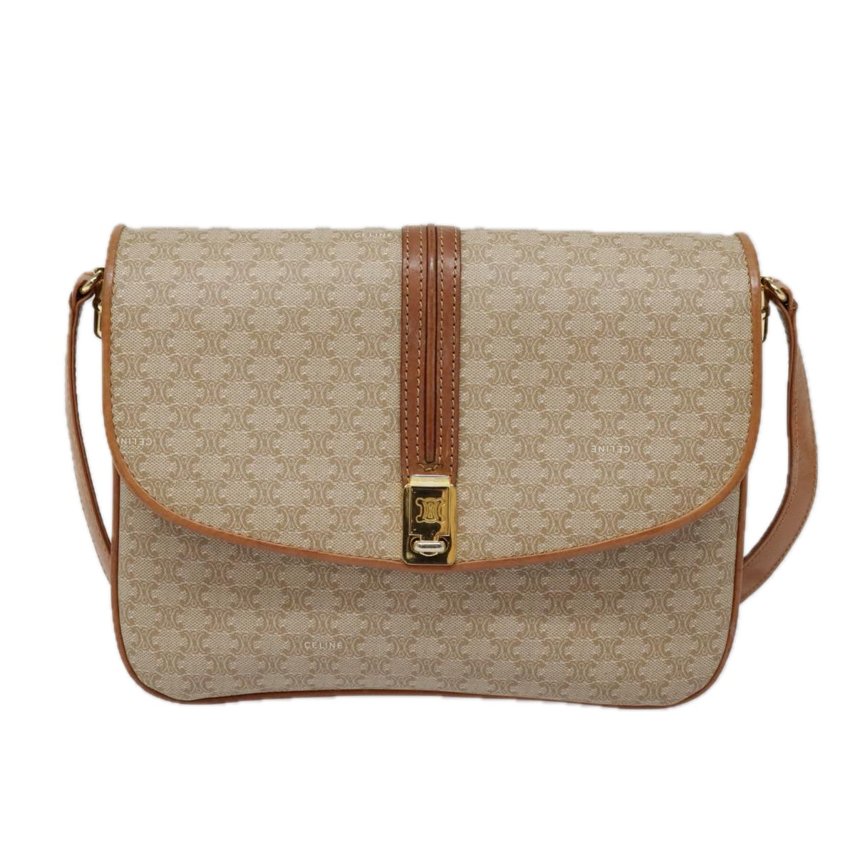 CELINE Macadam Canvas Shoulder Bag Beige Gold Auth ki4949