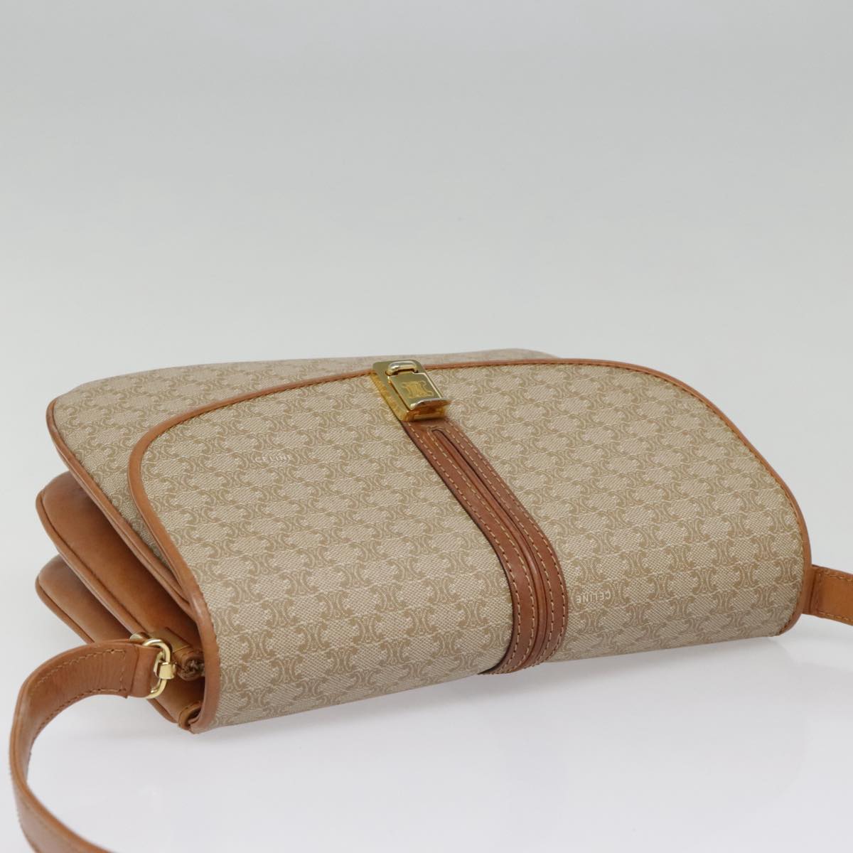 CELINE Macadam Canvas Shoulder Bag Beige Gold Auth ki4949