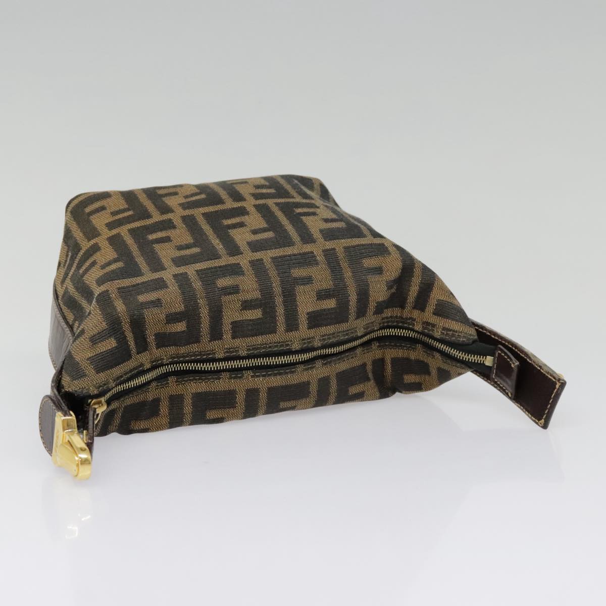 FENDI Zucca Canvas Pouch Brown Black gold Auth ki4972