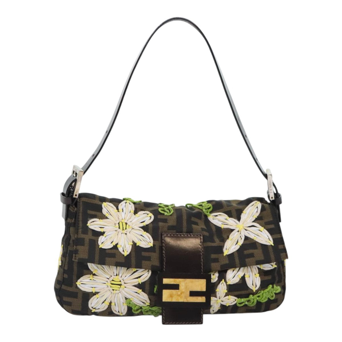 FENDI Zucca Canvas Flower Embroidery Mamma Baguette Bag Black Brown Auth ki4974