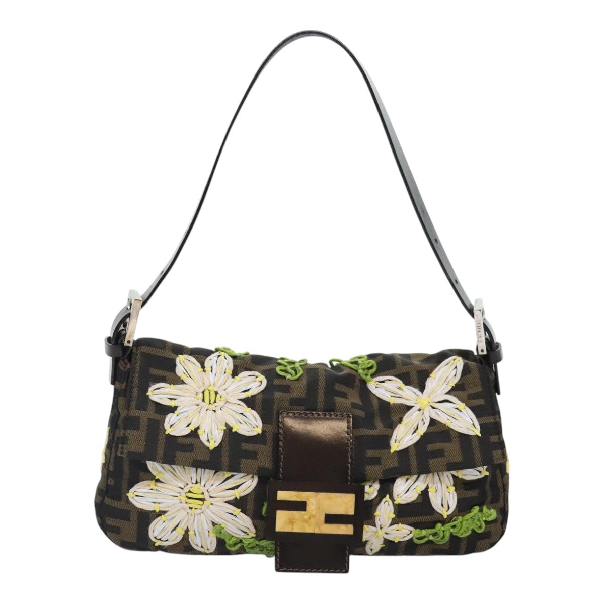 FENDI Zucca Canvas Flower Embroidery Mamma Baguette Bag Black Brown Auth ki4974