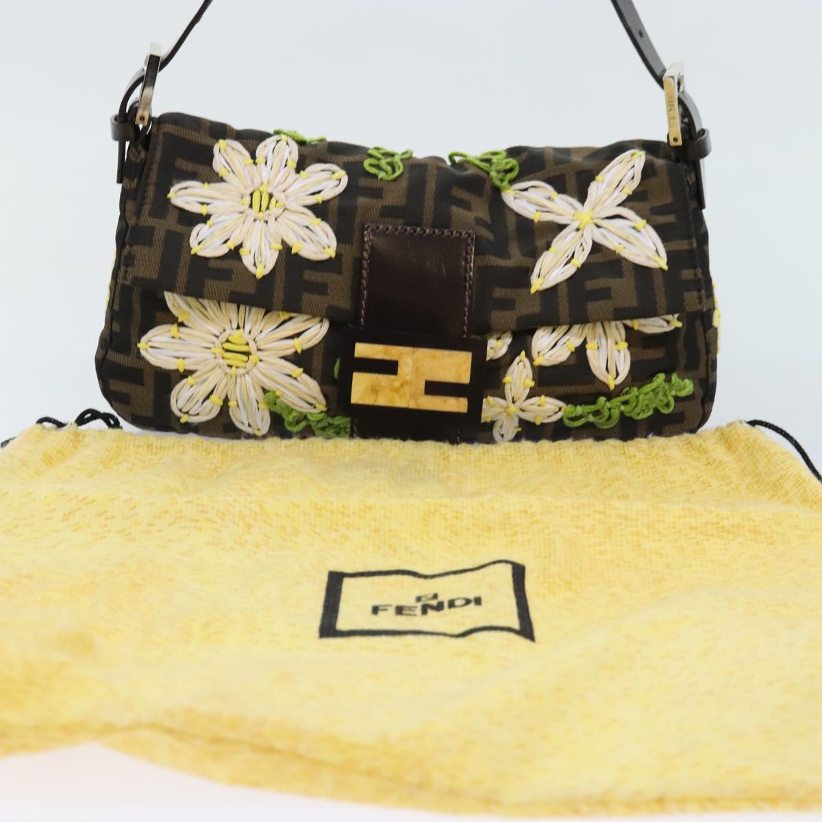 FENDI Zucca Canvas Flower Embroidery Mamma Baguette Bag Black Brown Auth ki4974