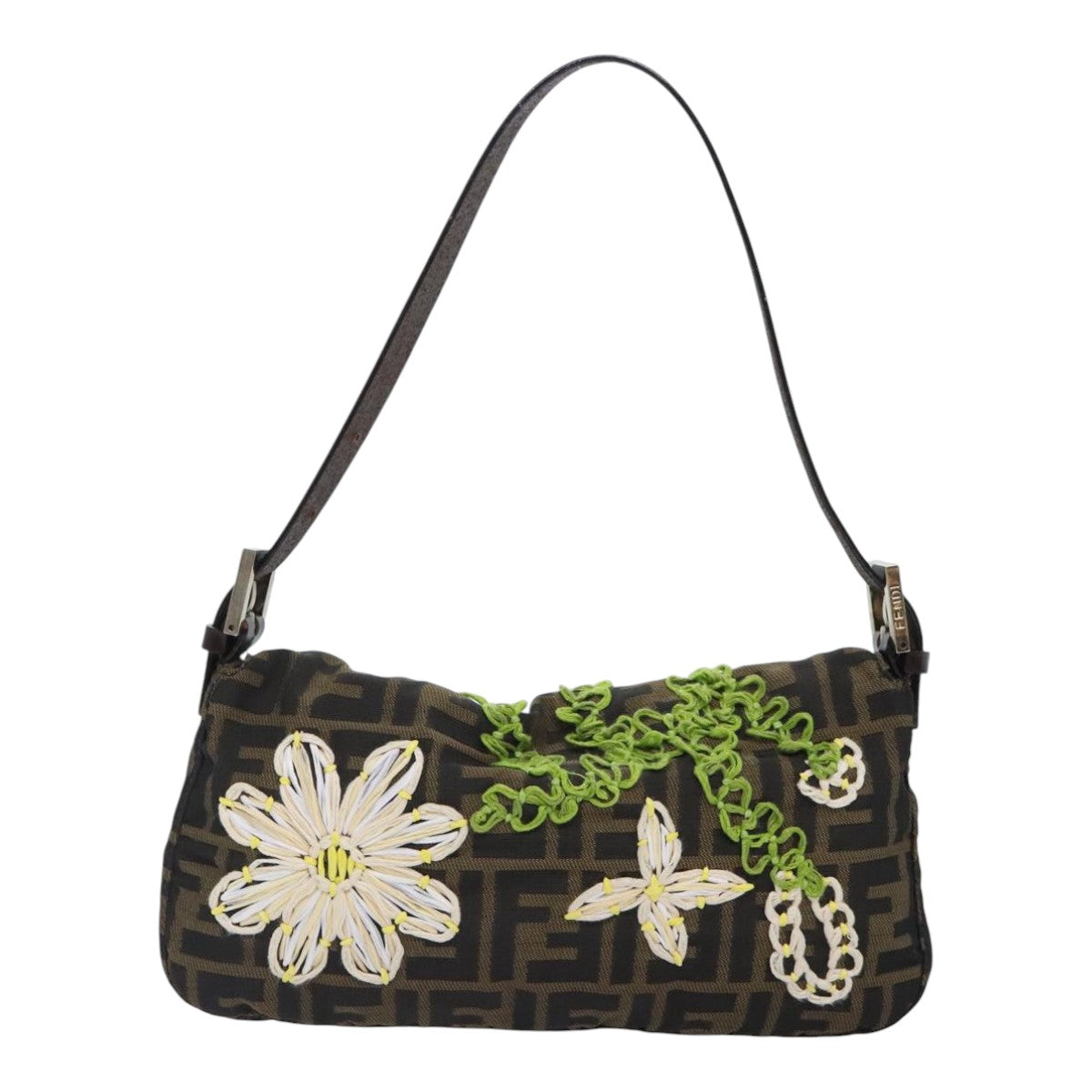 FENDI Zucca Canvas Flower Embroidery Mamma Baguette Bag Black Brown Auth ki4974 - 0