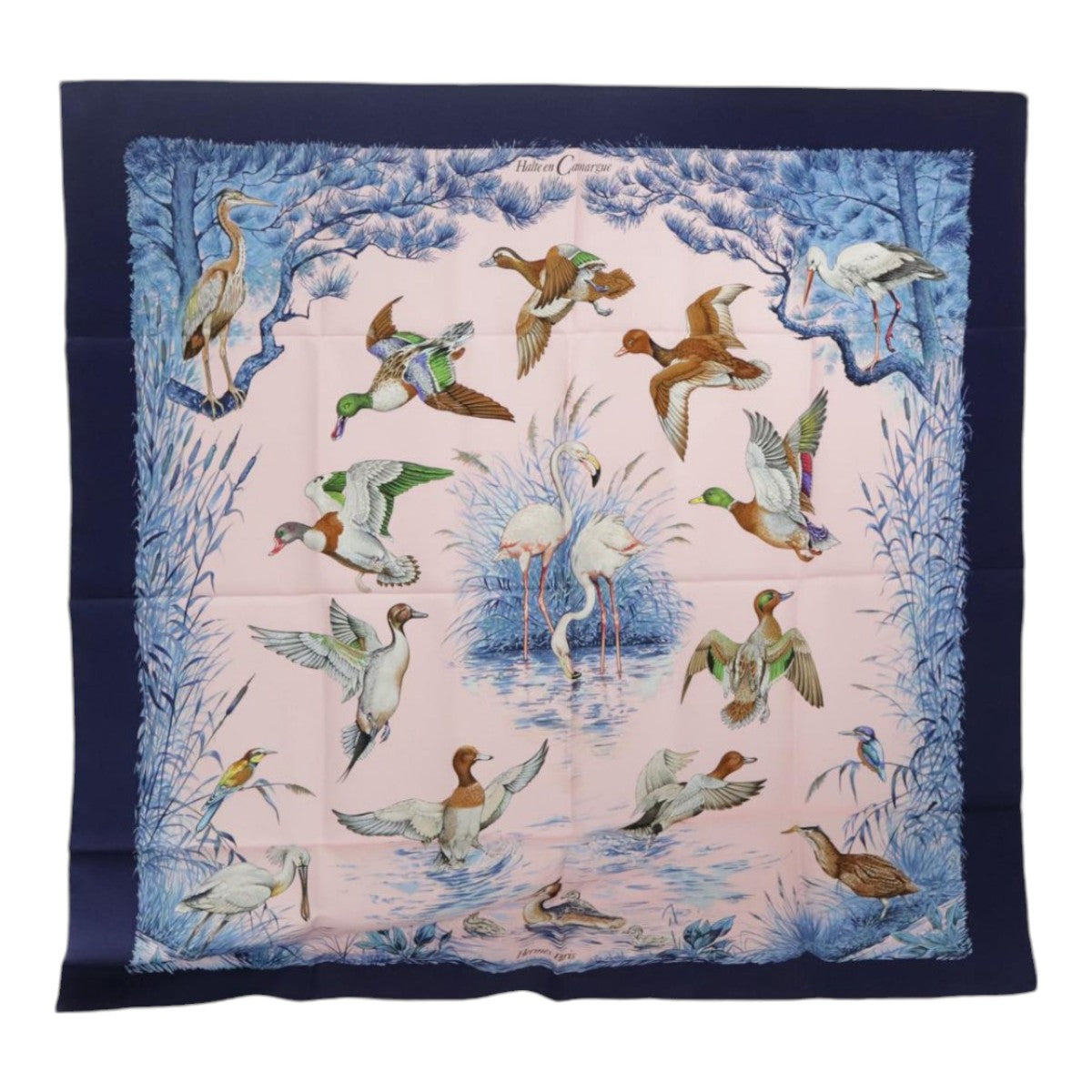 HERMES Carre 90 Scarf ""Halte en Camargue"" Silk Blue Pink Auth ki4980