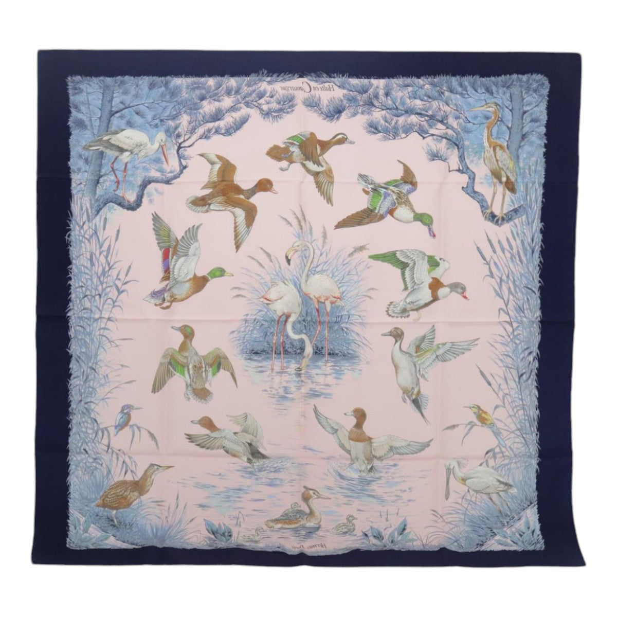 HERMES Carre 90 Scarf ""Halte en Camargue"" Silk Blue Pink Auth ki4980 - 0