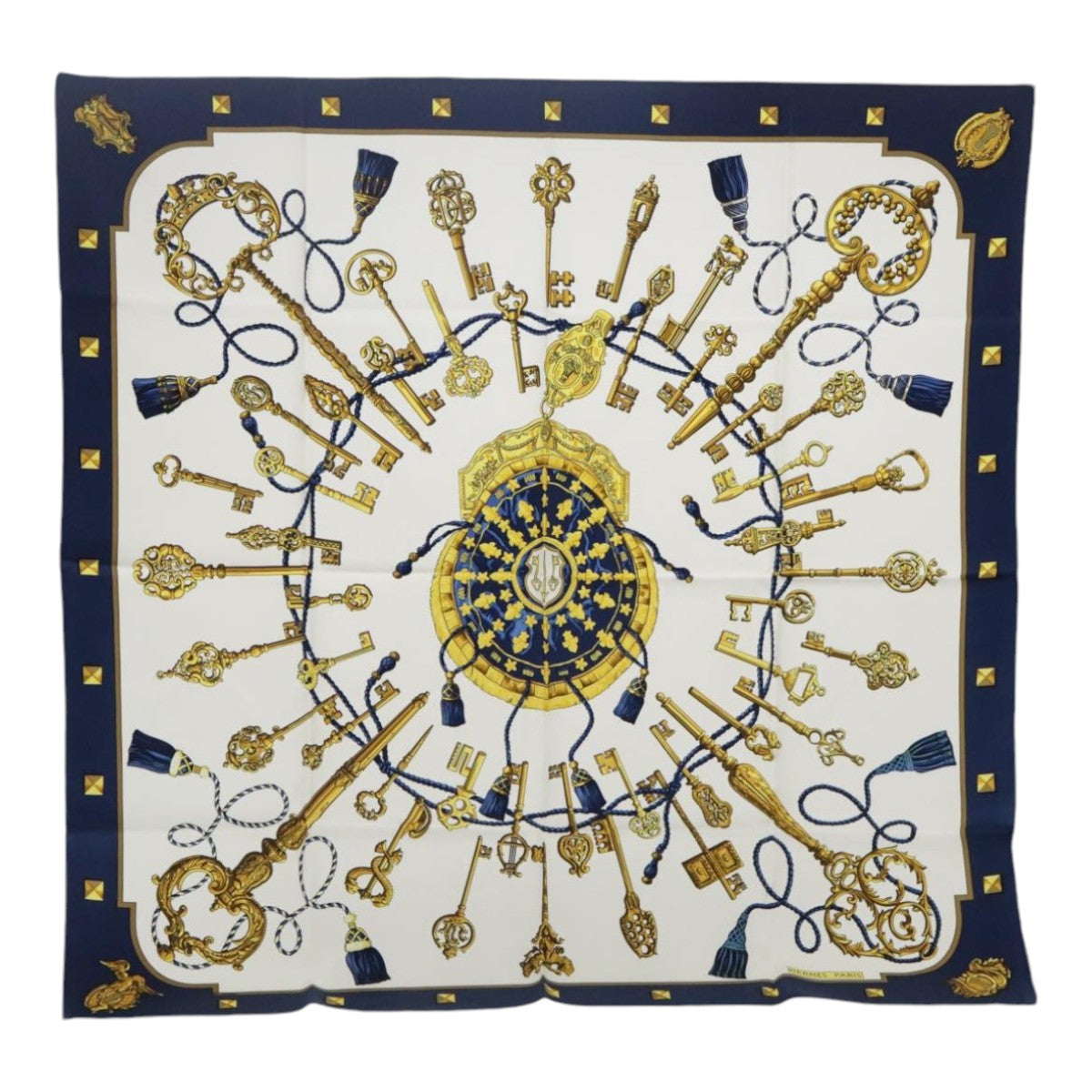 HERMES Carre 90 Scarf Silk White Blue Auth ki4981