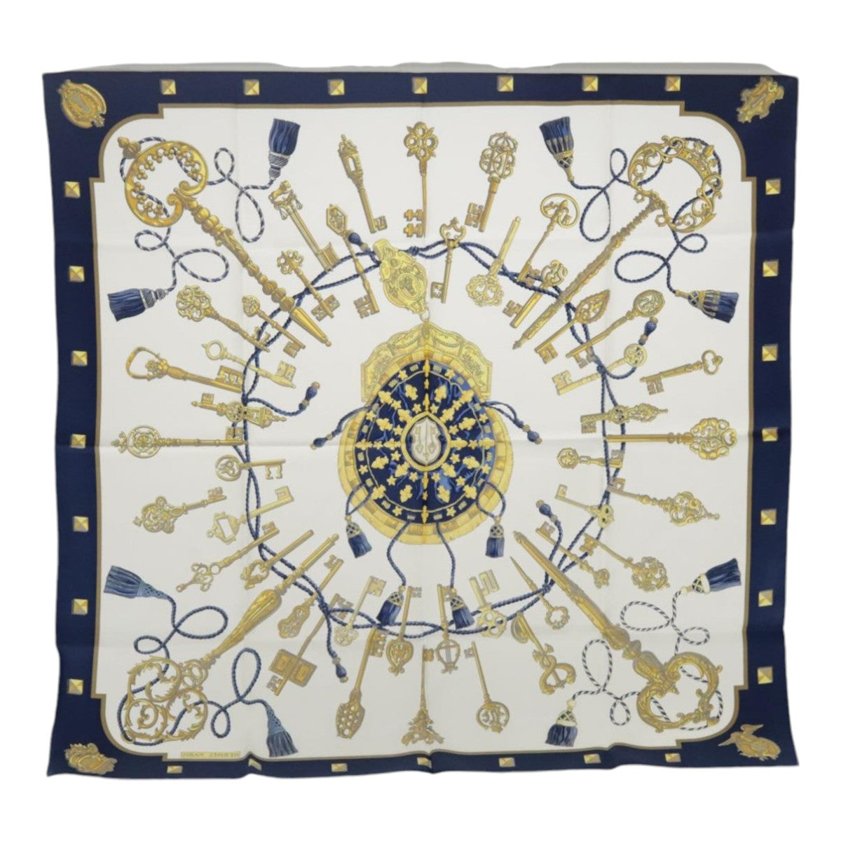 HERMES Carre 90 Scarf Silk White Blue Auth ki4981 - 0