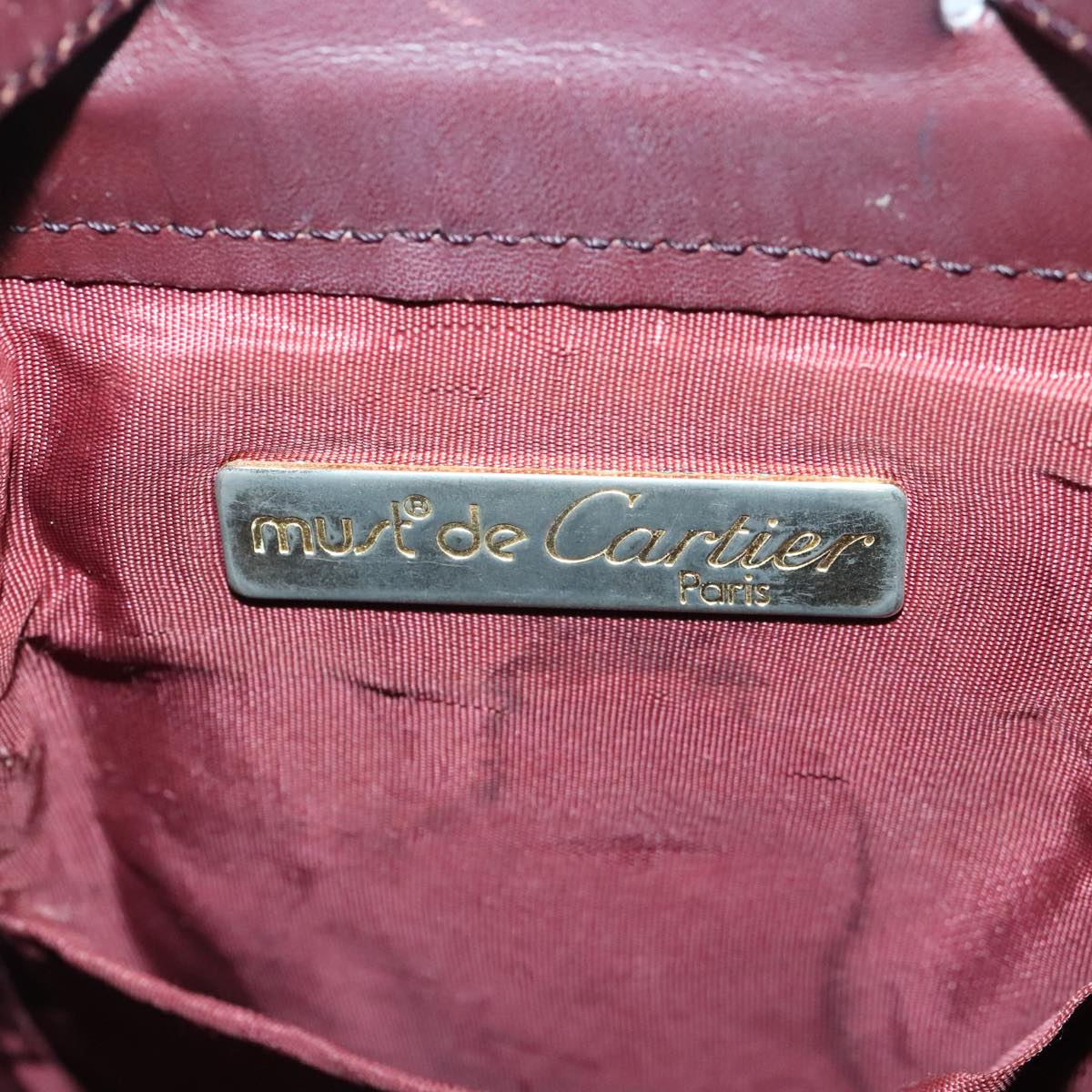 CARTIER Must Line Shoulder Bag Leather Bordeaux Gold Auth ki4988