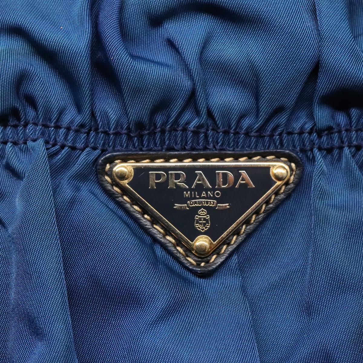 PRADA Gathered Hand Bag Nylon Leather 2way Blue Gold Auth ki5003